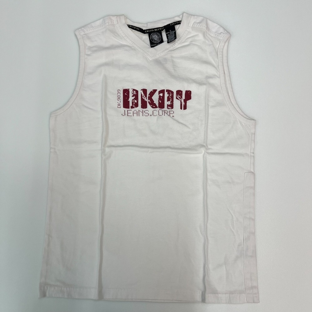 DKNY Jeans Muscle Tee Men S White V-Neck Distressed Graphic Logo‎ VTG NWT